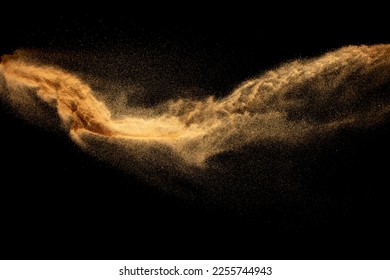 Dry river sand explosion.Brown color sand splash against black background. - Shutterstock ID 2255744943