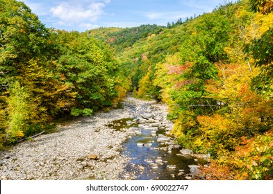 Dry River Through Forested Mountains In Autumn. The Berkshires, MA