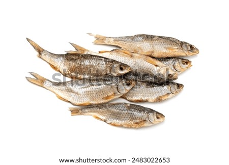Dry roach, salted fish isolated, dried rutilus, dehydrated vobla, taranka beer snack, whole salted and dried fish, prepared roach seafood, crucian carp on white background