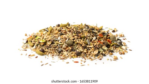 Dry Rodent Food Mix For Mouse, Rabbit Or Degu Isolated On White Background. Balanced Hamster Feed With Cereals, Seeds, Peas, Dried Vegetables