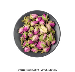 Dry Rose Buds, Roses Petals for Pink Flower Tea, Dried Persian Rosebuds, Rose Buds Textured Flowers Isolated on White Background