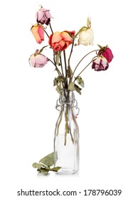 Dry roses in glass bottle isolated on white