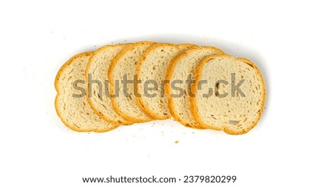 Dry Round Crackers Isolated, Sliced French Baguette Bread, Crunchy Croutons, Bruschetta Crackers, Round Rusks on White Background Top View