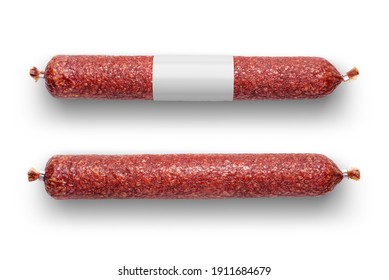 Dry salami sausage with blank label isolated on white background. Mock-up template.