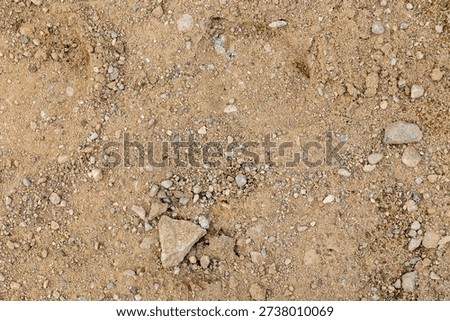 Dry sandy soil surface with small stones and uneven granular texture, photographed from above as natural ground background.
