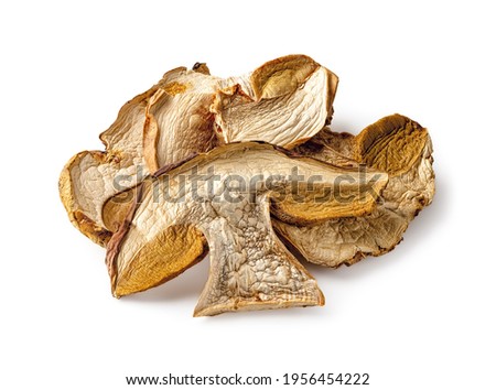 Dry slices of porcini isolated on white background. Edible forest fungus with intense mushroom flavor as gourmet food ingredient. Pile of dried brown cap boletus edulis slices. Vegetable protein.
