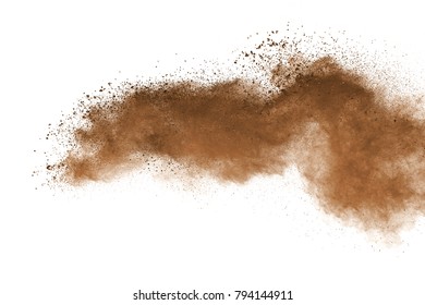 Dry soil explosion on white background.