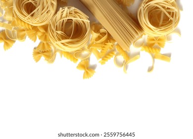 Dry spaghetti pasta twisted and straight lies on white background with space for text. - Powered by Shutterstock