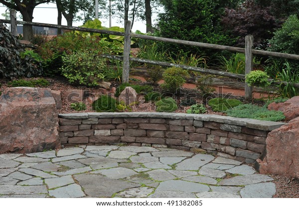 Dry Stone Rock Wall Flagstone Patio Stock Photo Edit Now 491382085
