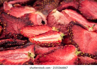 Dry Strawberry Background. Tasty Dehydrated Fruit Backdrop. Dried Homemade Sliced Strawberry Red Berries Pattern. Sweet Food For Vegans and Cooking Time