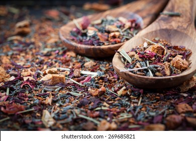 Dry tea on wooden table