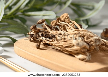 Dry tea tree mushrooms on a wooden cutting board on the desktop
