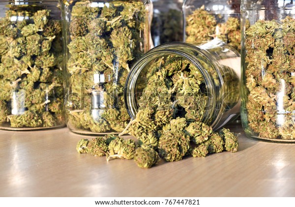 干燥和修剪大麻花储存在一个玻璃罐 医用大麻 库存照片 立即编辑