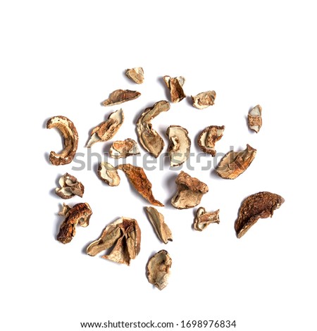 Dry white mushroom on a white background. Isolate. Vegan and vegetarian food.