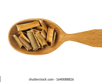 Dry Willow Bark In Wooden Spoon On White Background.