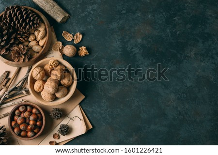 Dryfruit and nut Background with blue texture