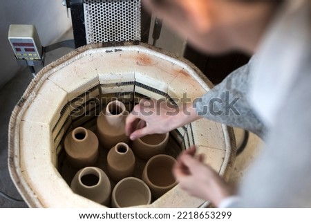 Drying Ceramic Pottery hand Crafted Items in a Special Oven - Kiln for Ceramics Close Up