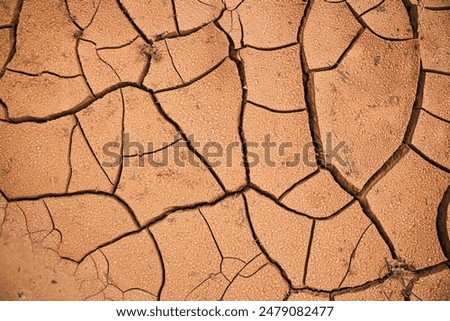 Drying cracks forming a characteristic pattern in clay soil. Natural background. World climate change, water crisis. Cracked earth. Takir, takyr soils. Landform, drying out saline soil in desert