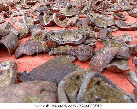 ​Sun Drying Process of Raw Coconut Copra on Orange Tarpaulin for Coconut Oil Production