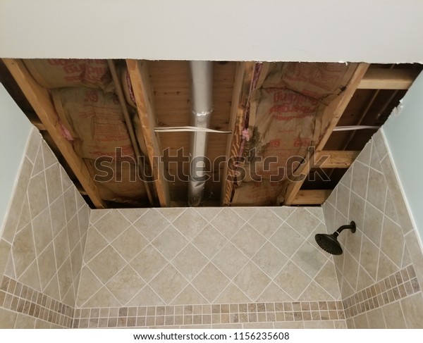 Drywall Ceiling Removal Bathroom Due Leaking Stock Photo