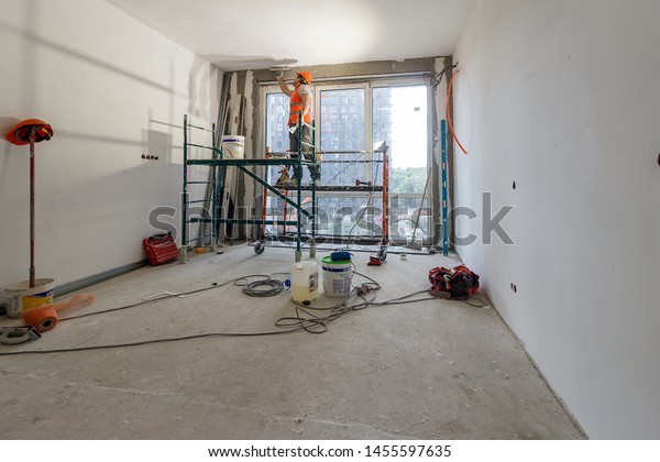 Drywall Installation Work Progress By Construction Stock Photo