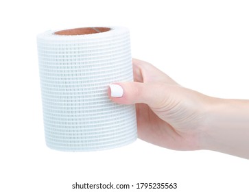 Drywall Tape Roll In Hand On White Background Isolation