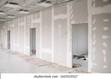 Drywall wall home interior decoration at construction site with copy space add text