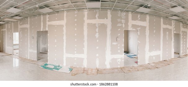 Drywall wall home interior decoration at construction site panorama