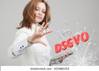 DSGVO, german version of GDPR, concept image. General Data Protection Regulation, protection of personal data. Young woman working with information. Datenschutz-Grundverordnung.