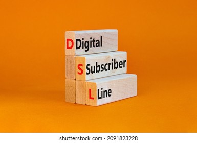 DSL digital subscriber line symbol. Concept words DSL digital subscriber line on wooden blocks. Beautiful orange table, orange background, copy space. Business and DSL digital subscriber line concept. - Shutterstock ID 2091823228