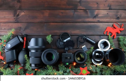 DSLR Camera Accessories On Christmas Background