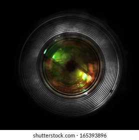 DSLR Camera Lens, Front View, Black Background.