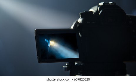 DSLR Camera Making Video In Studio. Free Copy Space For Your Text