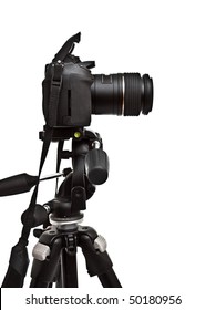 Dslr Camera On Tripod, White Background