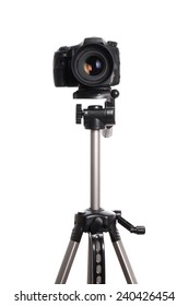 DSLR Digital Single Lens Reflex Camera On A Tripod Isolated On White