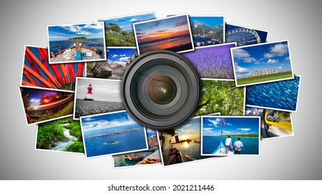 dslr photo camera lens on various colorful image paper prints. photography online gallery presentation retro concept background