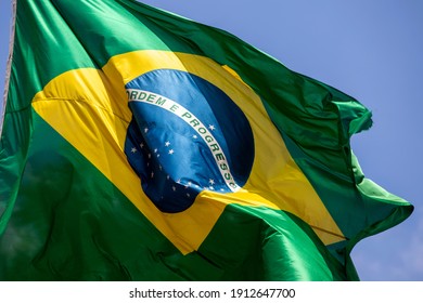 dtail of brazilian flag on wind - Shutterstock ID 1912647700