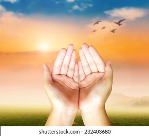 Dua For Morning Of Islamic Prayer Concept: Human Open Two Empty Hands With Palms Up On Nature Background