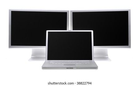 Dual Flat Panel Screens With Laptop, Isolated On White With Clipping Path.