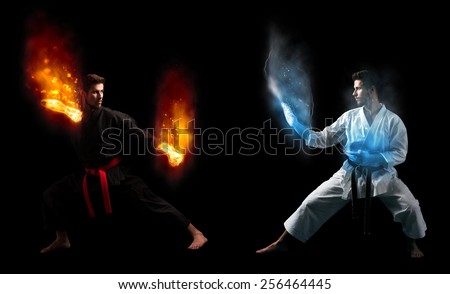 Duality Concept, Two Karate Fighters With Super Power Against Themselves, Photo Manipulation