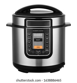 Dual-Operation Pressure Cooker Isolated On White. Slow Cooker In Stainless Steel With 6L Non-Stick Aluminium Pot And 8 Cooking Programs. Small Domestic & Kitchen Appliances. 4-Digital LED Display