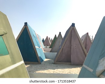 Duba, UAE - December 20, 2018: Camping Tents At Banan Beach