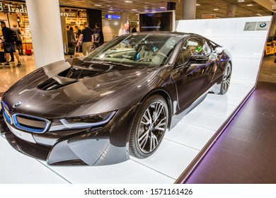 Dubai Airport, Australia - June 12, 2014: Side Top View Of A BMW I8 Hybrid Car On Exhibition In Dubai Airport.