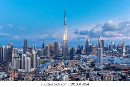 Dubai - amazing city center skyline with luxury skyscrapers at sunrise, United Arab Emirates