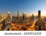 Dubai Burj Khalifa skyline tallest building in the world top view at twilight downtown skyscrapers