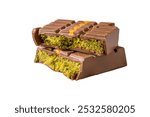 Dubai Chocolate bar with green kadayif and peanut butter on white background