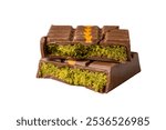 Dubai Chocolate bar with green kadayif and peanut butter on white background