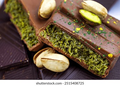 Dubai Chocolate bar with green kadayif and pistachio spread with pistachio nuts close up