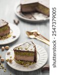 Dubai chocolate cheesecake  with  kataifi and pistachio paste. Trend dessert