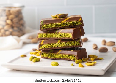 Dubai chocolate, pistachio paste and kunefe filled milk chocolate